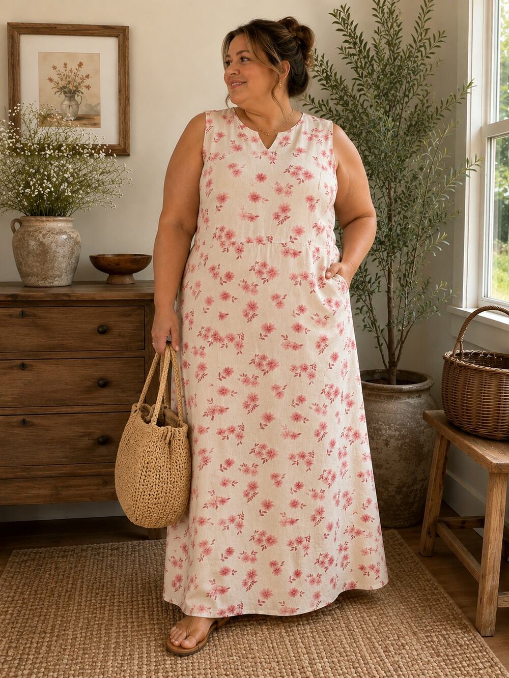 Vintage LL Bean Linen Blend Floral Maxi Dress Cottagecore Pink 16P